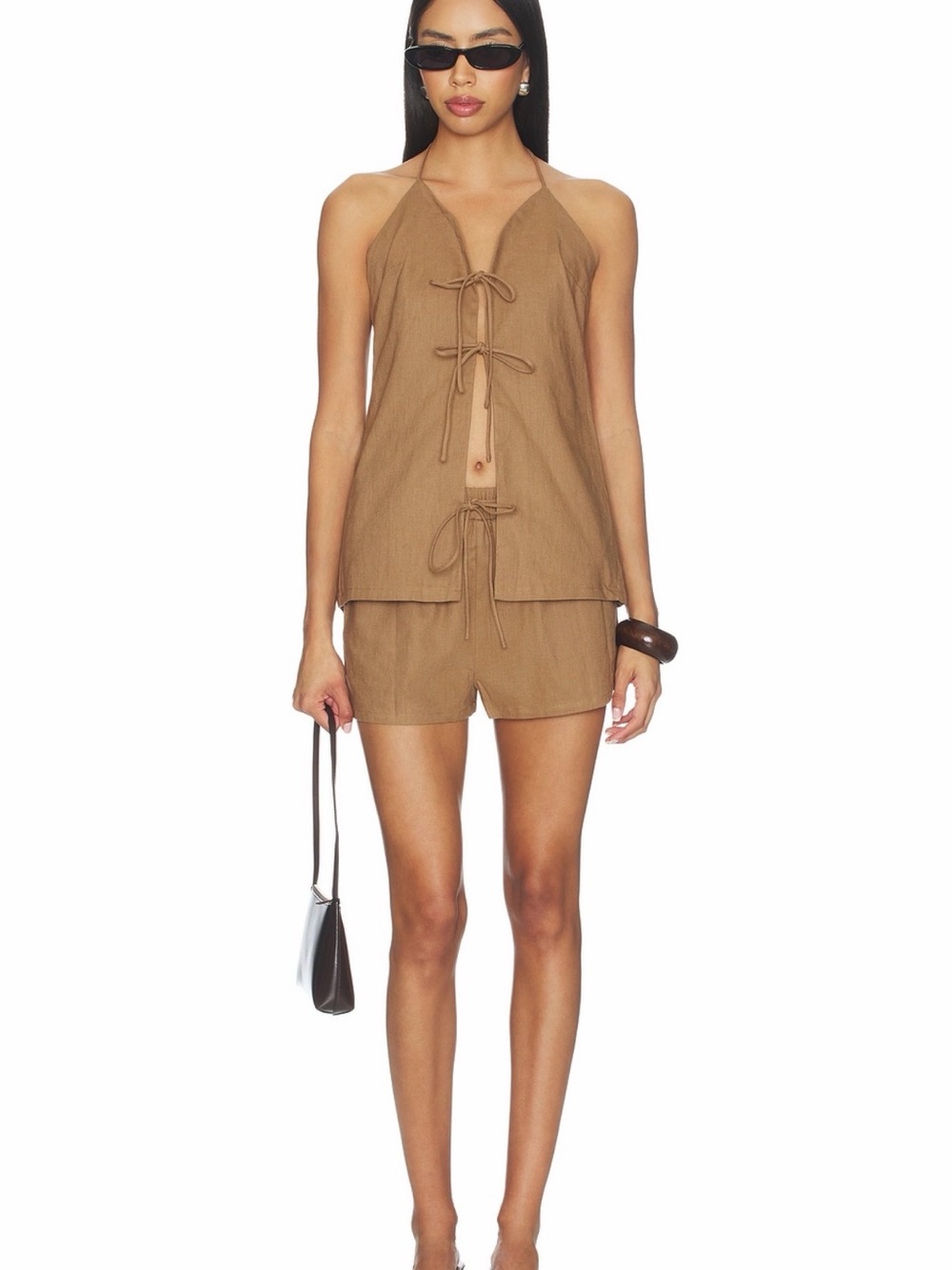 Tie-Front Halter Top and Shorts Set in Camel